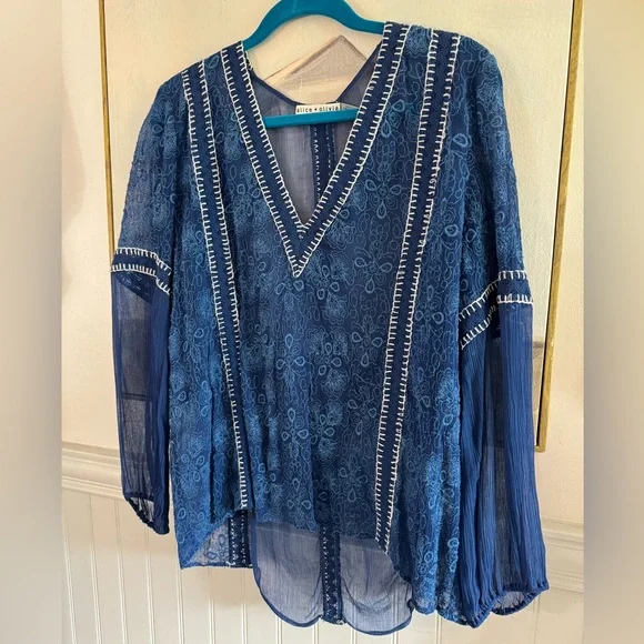 ALICE & OLIVIA Blue Sheer Natalya Lace Peasant Blouse Size Large - Picture 3 of 6
